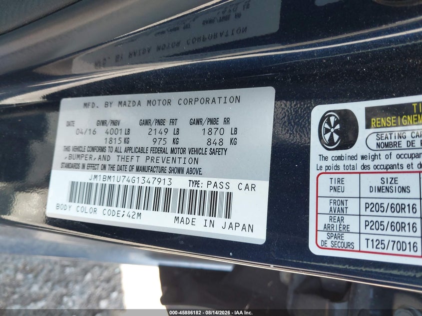 2016 MAZDA 3 SEDAN 2.0L I-4 DI, DOHC, VVT, 155HP