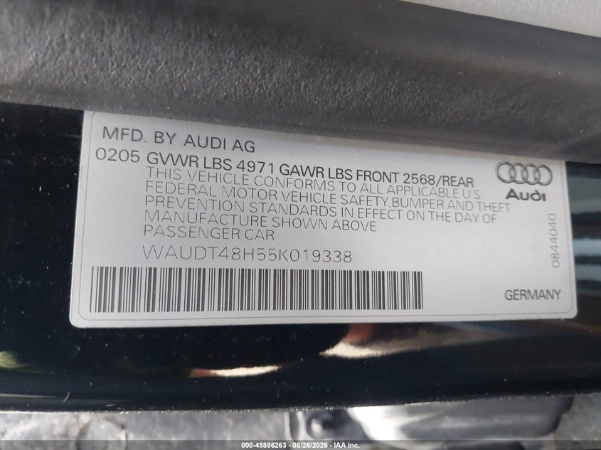 AUDI A4 2005 VIN WAUDT48H55K019338