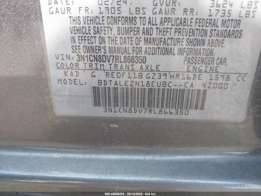 NISSAN VERSA 2024 VIN 3N1CN8DV7RL866350