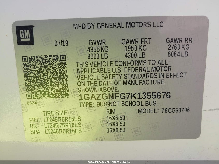 CHEVROLET EXPRESS 3500 2019 VIN 1GAZGNFG7K1355676