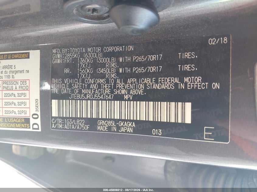 TOYOTA 4RUNNER 2018 VIN JTEBU5JR0J5547647
