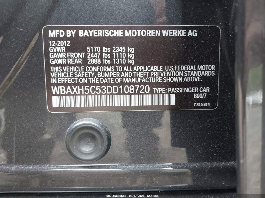 BMW 528I 2013 VIN WBAXH5C53DD108720