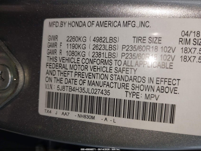 ACURA RDX 2018 VIN 5J8TB4H35JL027435