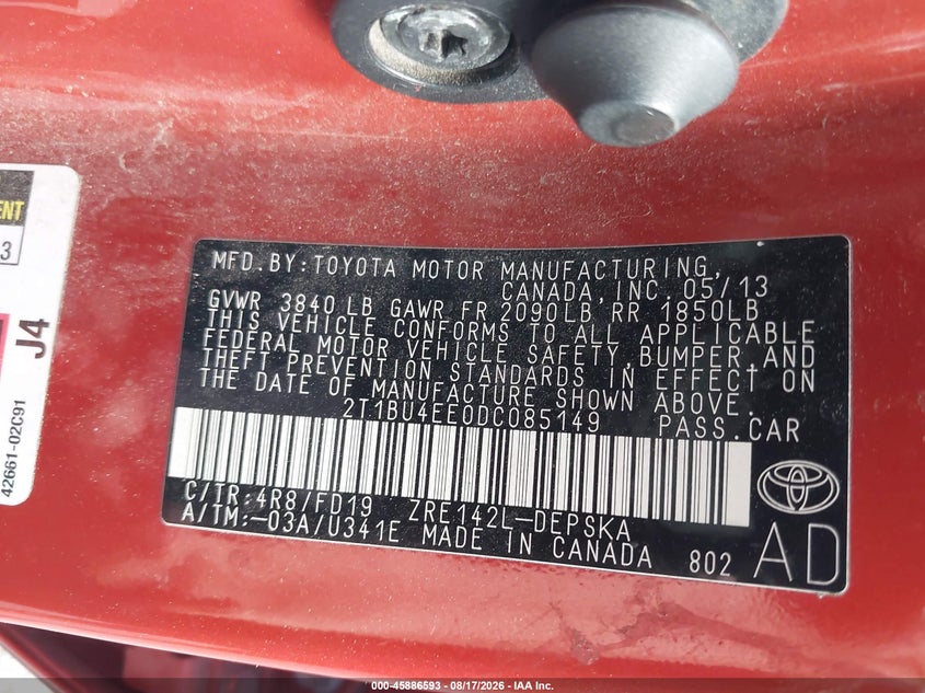2013 TOYOTA COROLLA SEDAN 1.8L I-4 DOHC, VVT, 132HP