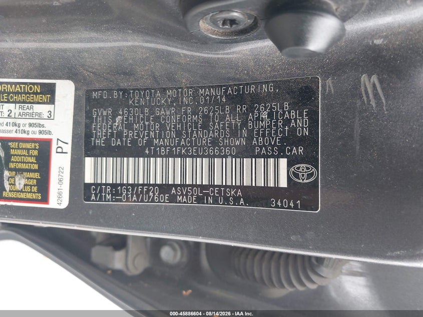 2014 TOYOTA CAMRY SEDAN 2.5L I-4 DOHC, VVT, 178HP