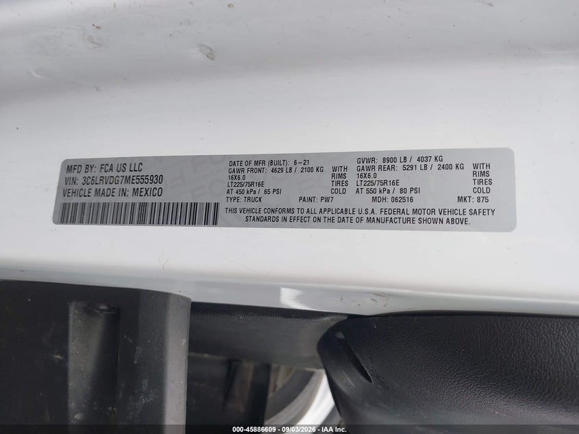 RAM PROMASTER 2500 2021 VIN 3C6LRVDG7ME555930