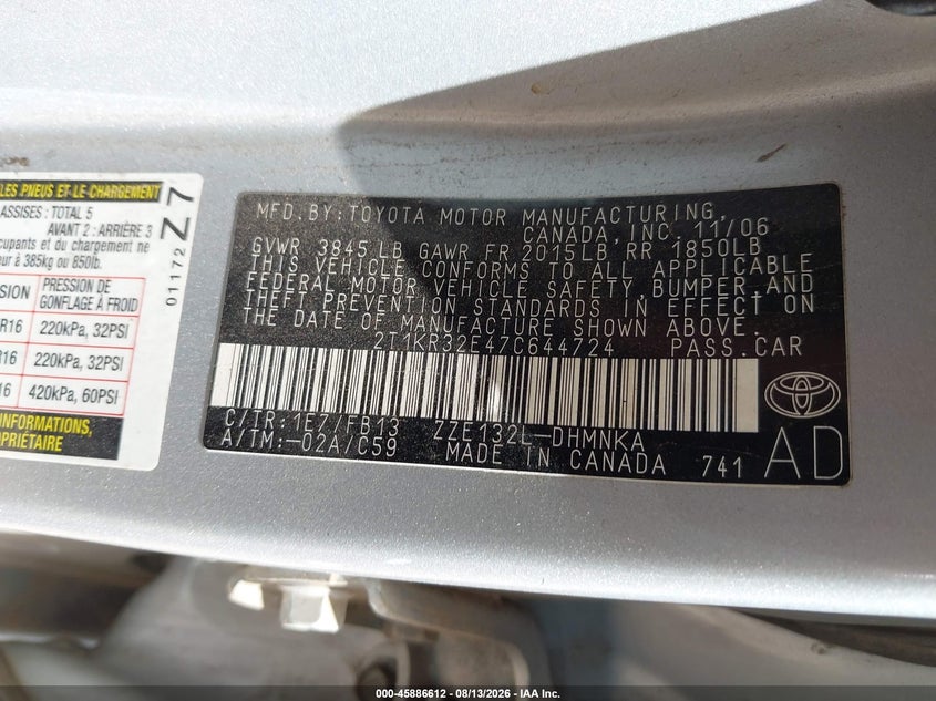 TOYOTA MATRIX 2007 VIN 2T1KR32E47C644724