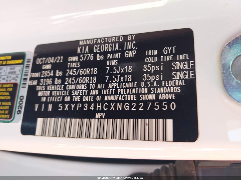 KIA TELLURIDE 2022 VIN 5XYP34HCXNG227550