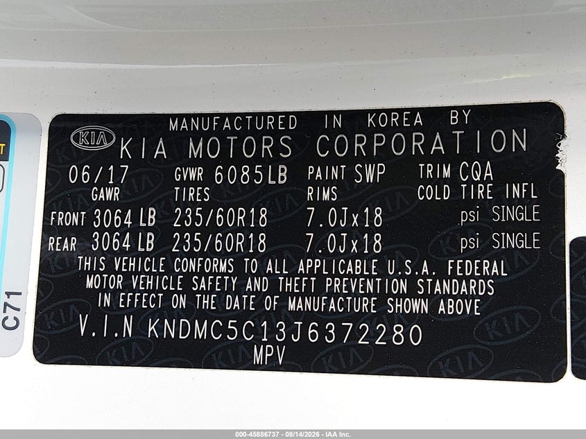 KIA SEDONA 2018 VIN KNDMC5C13J6372280