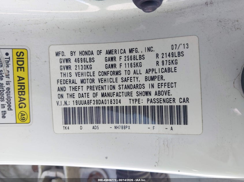 ACURA TL 2013 VIN 19UUA8F39DA018304