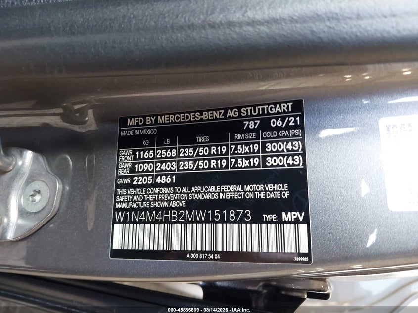 MERCEDES-BENZ GLB 250 2021 VIN W1N4M4HB2MW151873