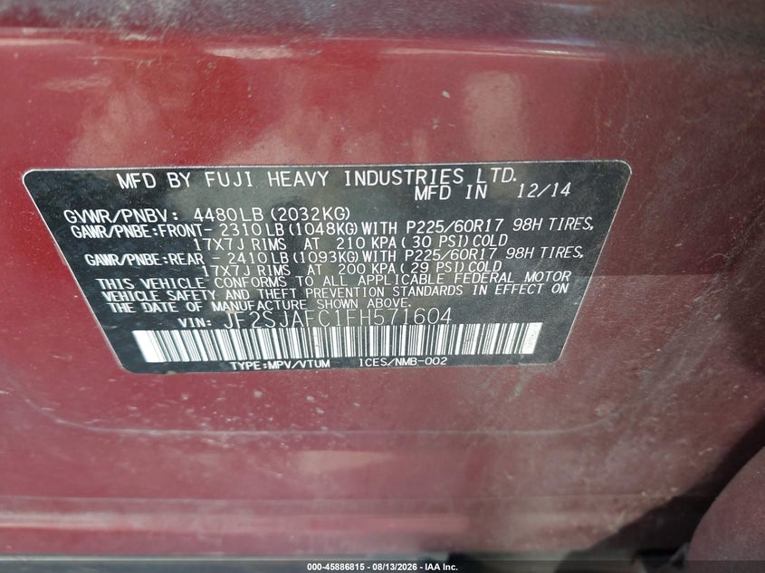 SUBARU FORESTER 2015 VIN JF2SJAFC1FH571604