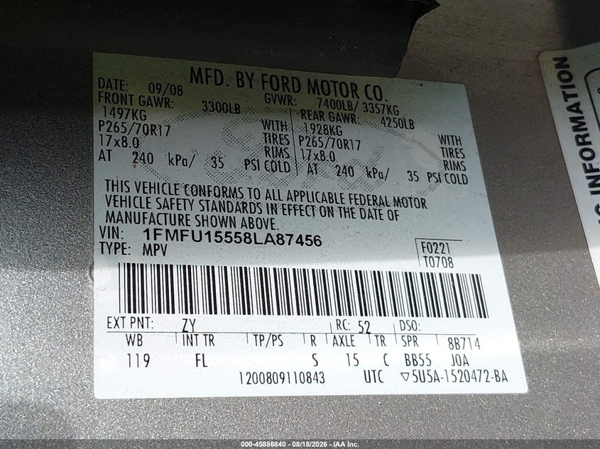 2008 FORD EXPEDITION SPORT UTILITY VEHICLE 5.4L V-8 VVT, REGULAR , 300HP