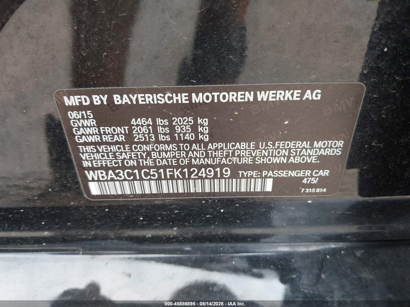 BMW 328I 2015 VIN WBA3C1C51FK124919