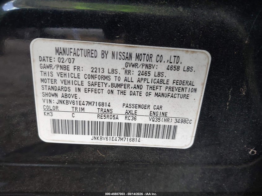 INFINITI G35 2007 VIN JNKBV61E47M716814