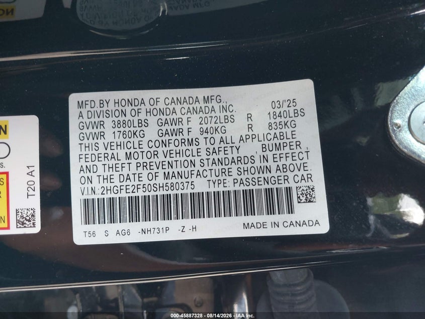 2025 HONDA CIVIC auction photo 4