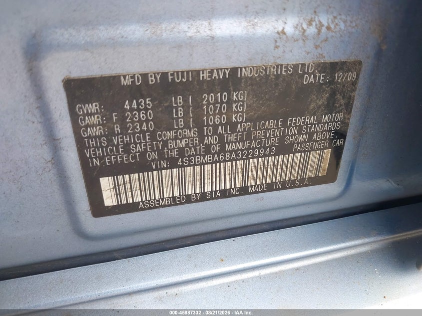2010 SUBARU LEGACY SEDAN 2.5L H-4 VVT, 170HP