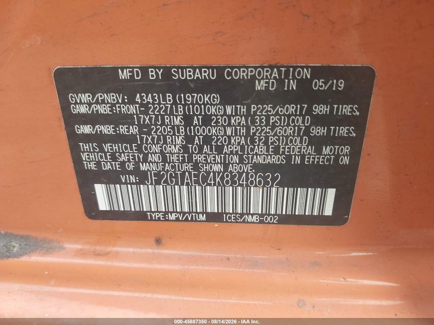 SUBARU CROSSTREK 2019 VIN JF2GTAEC4K8348632
