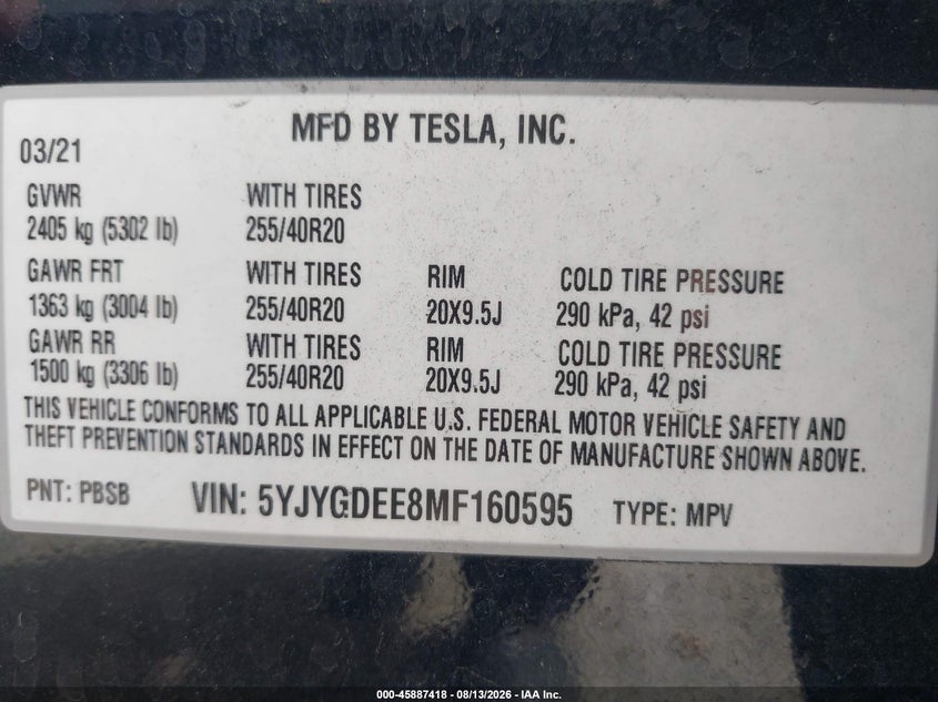 TESLA MODEL Y 2021 VIN 5YJYGDEE8MF160595