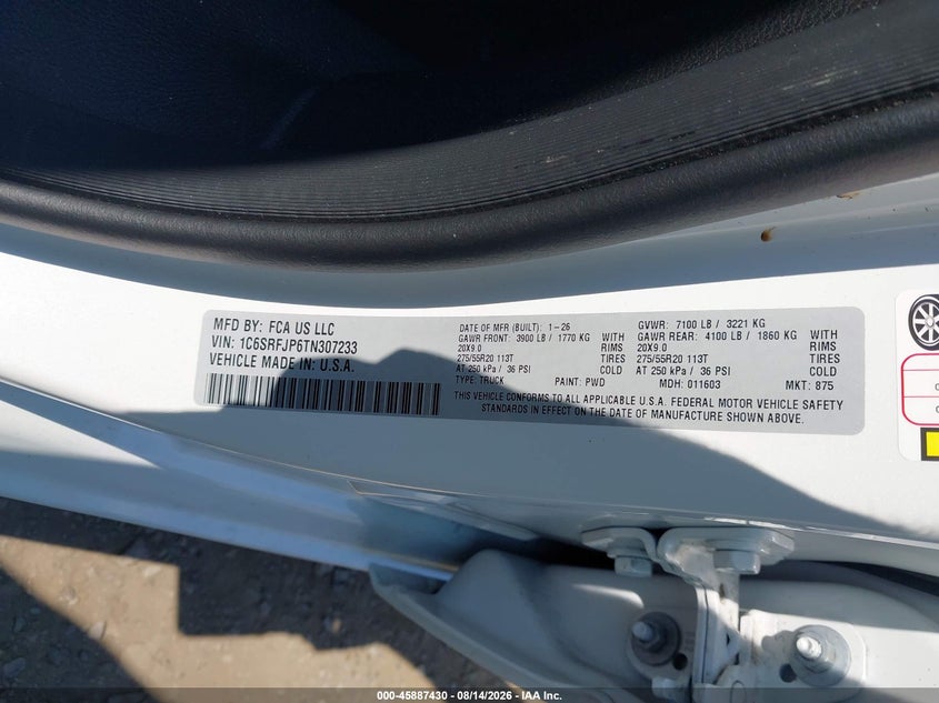 RAM 1500 2026 VIN 1C6SRFJP6TN307233