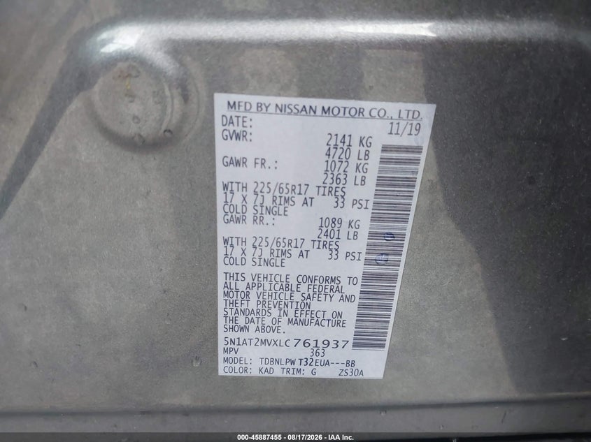 NISSAN ROGUE 2020 VIN 5N1AT2MVXLC761937