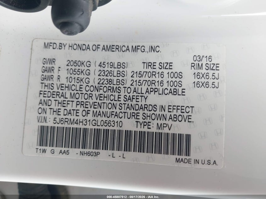 HONDA CR-V 2016 VIN 5J6RM4H31GL056310