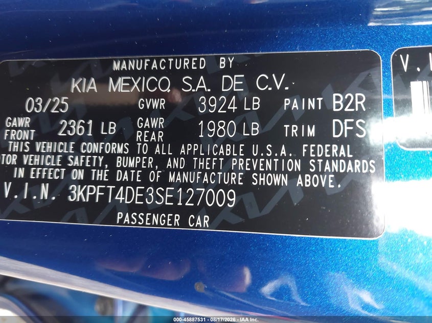 KIA K4 2025 VIN 3KPFT4DE3SE127009