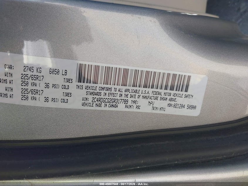 DODGE GRAND CARAVAN 2016 VIN 2C4RDGCG2GR317789