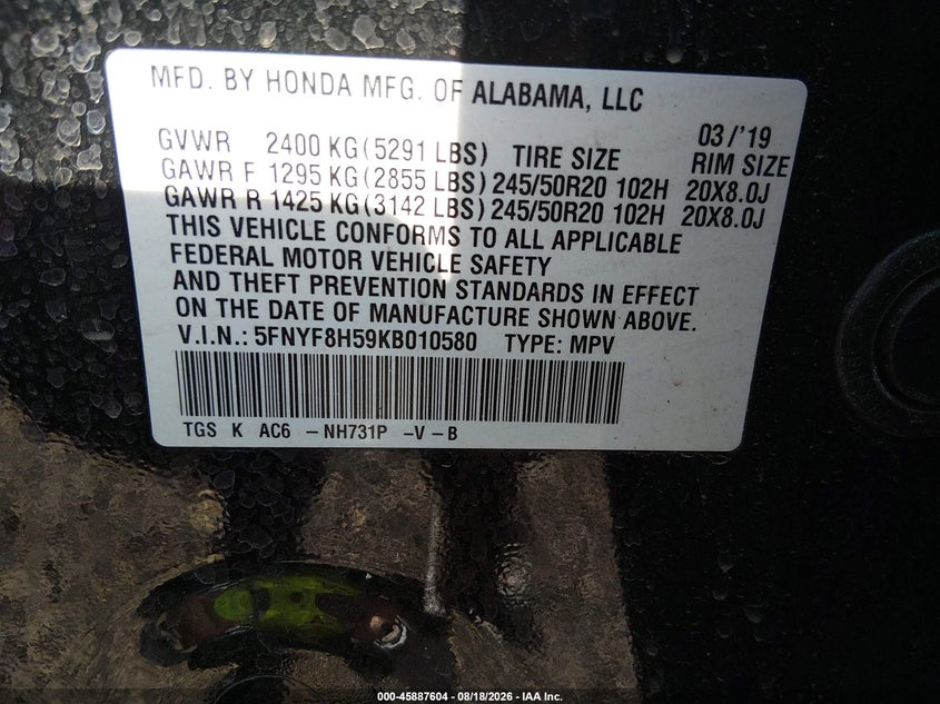 HONDA PASSPORT 2019 VIN 5FNYF8H59KB010580