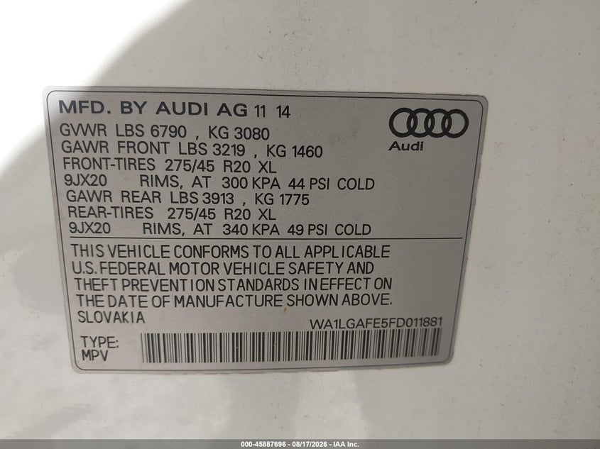 AUDI Q7 2015 VIN WA1LGAFE5FD011881