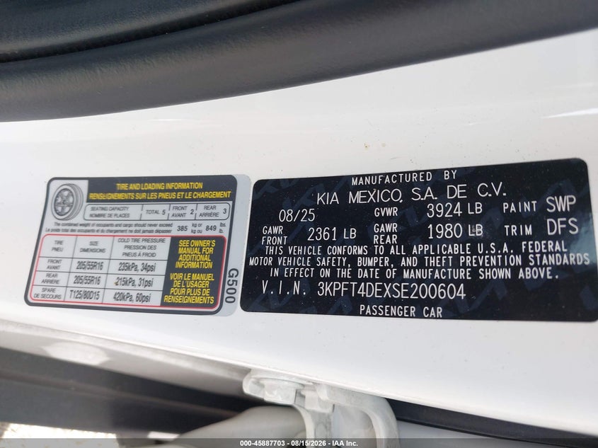 KIA K4 2025 VIN 3KPFT4DEXSE200604