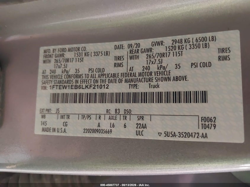 FORD F-150 2020 VIN 1FTEW1EB6LKF21012