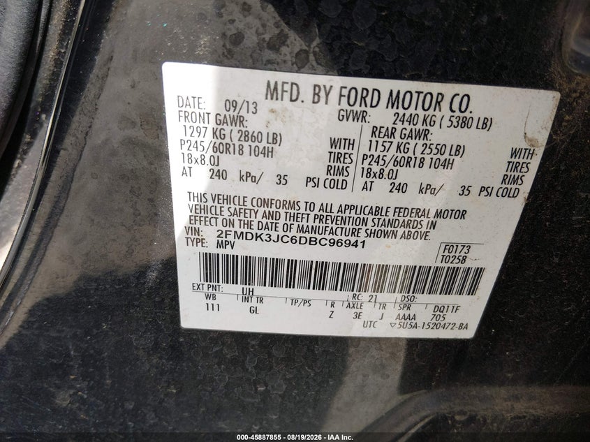 FORD EDGE 2013 VIN 2FMDK3JC6DBC96941