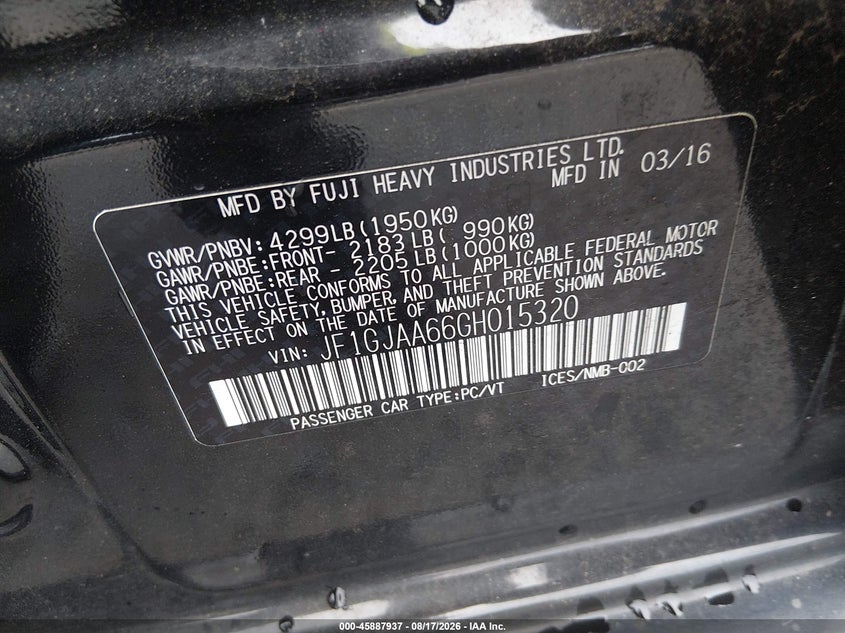 2016 SUBARU IMPREZA SEDAN 2.0L H-4 DOHC, VVT, 148HP