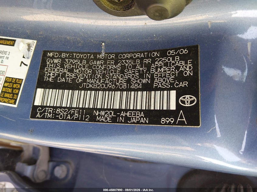 TOYOTA PRIUS 2006 VIN JTDKB20U967081484