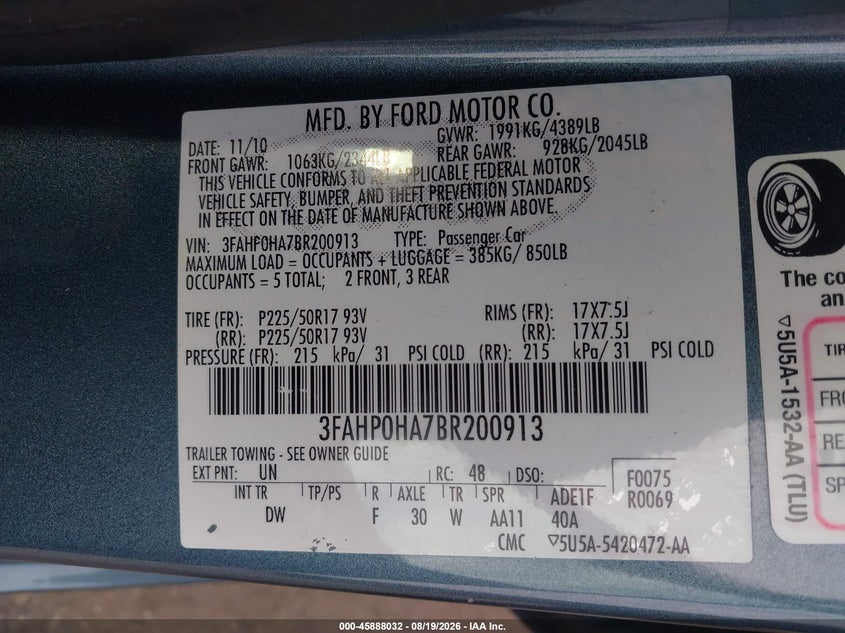 2011 FORD FUSION SEDAN 2.5L I-4 DOHC, VVT, 175HP