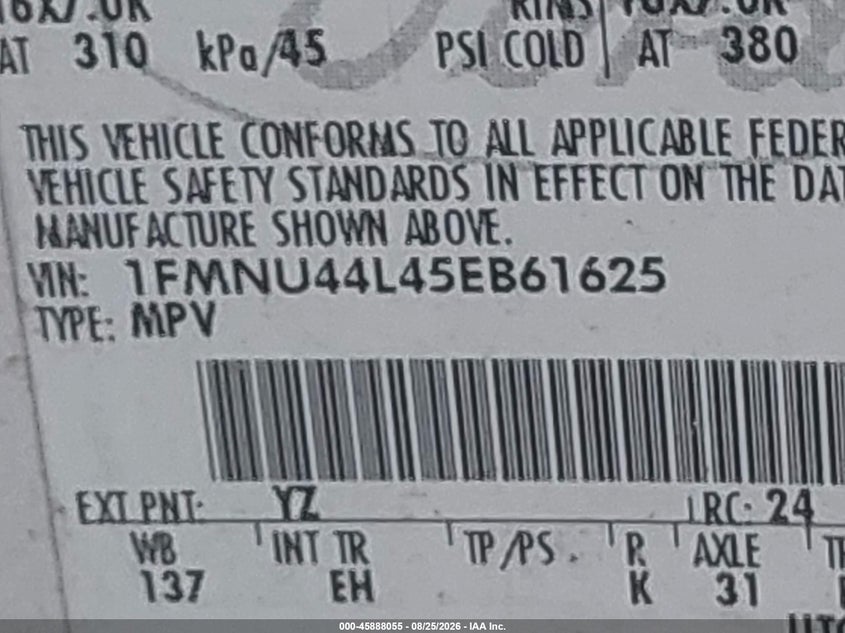 FORD EXCURSION 2005 VIN 1FMNU44L45EB61625