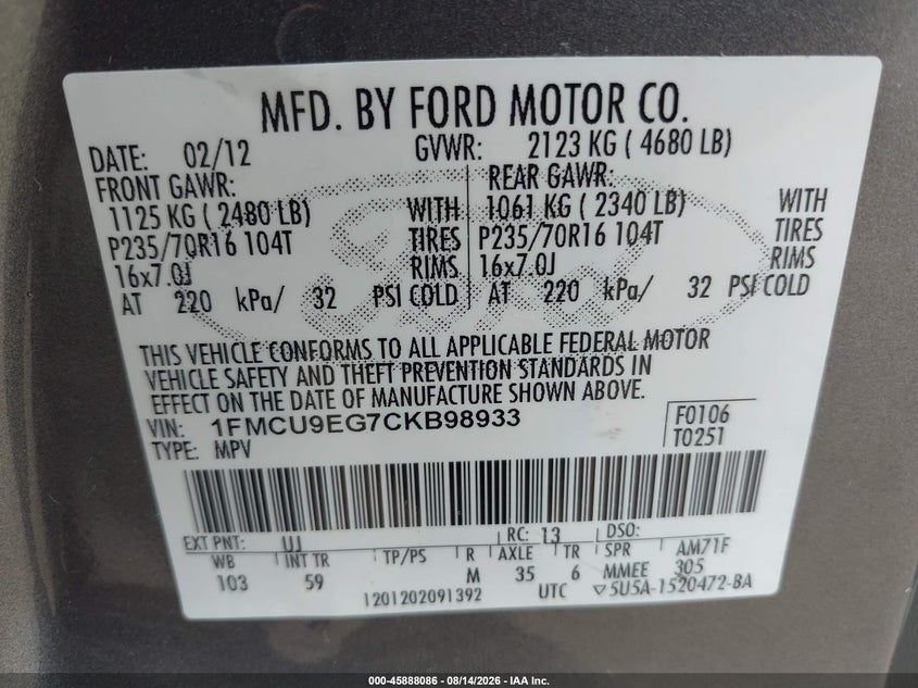 2012 FORD ESCAPE SPORT UTILITY VEHICLE 3.0L V6 FI DOHC 24V NF4