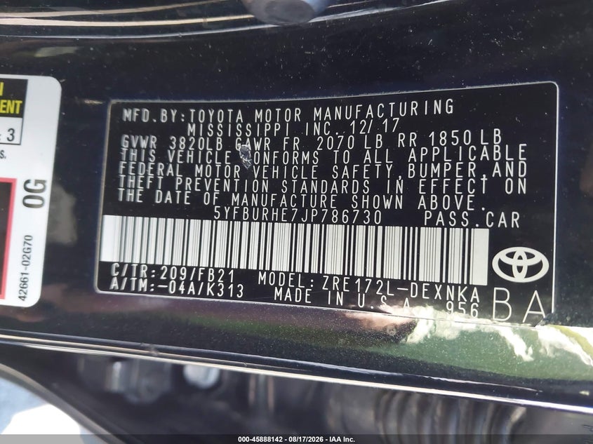2018 TOYOTA COROLLA SEDAN 1.8L I-4 DOHC, VVT, 132HP