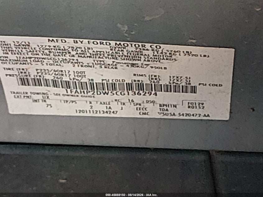 FORD TAURUS 2012 VIN 1FAHP2DW5CG136294