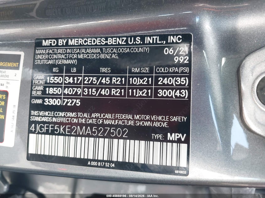 MERCEDES-BENZ GLS 450 2021 VIN 4JGFF5KE2MA527502
