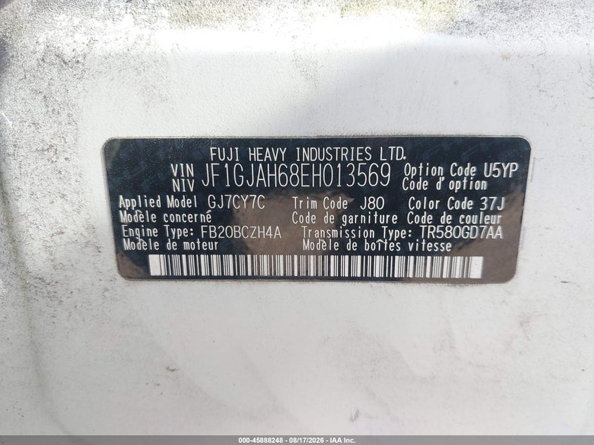 SUBARU IMPREZA 2014 VIN JF1GJAH68EH013569