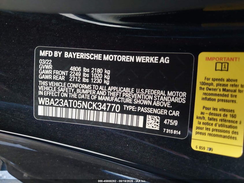 BMW 430I 2022 VIN WBA23AT05NCK34770