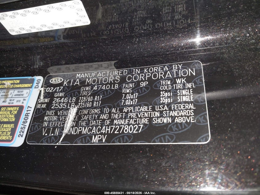 KIA SPORTAGE 2017 VIN KNDPMCAC4H7278027