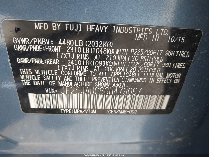 SUBARU FORESTER 2016 VIN JF2SJADC6GH479067