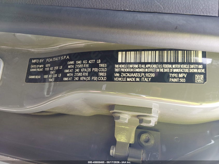 JEEP RENEGADE 2020 VIN ZACNJAAB3LPL16299