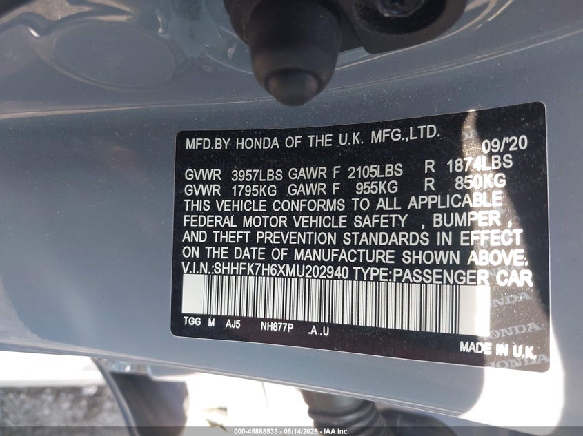 HONDA CIVIC 2021 VIN SHHFK7H6XMU202940