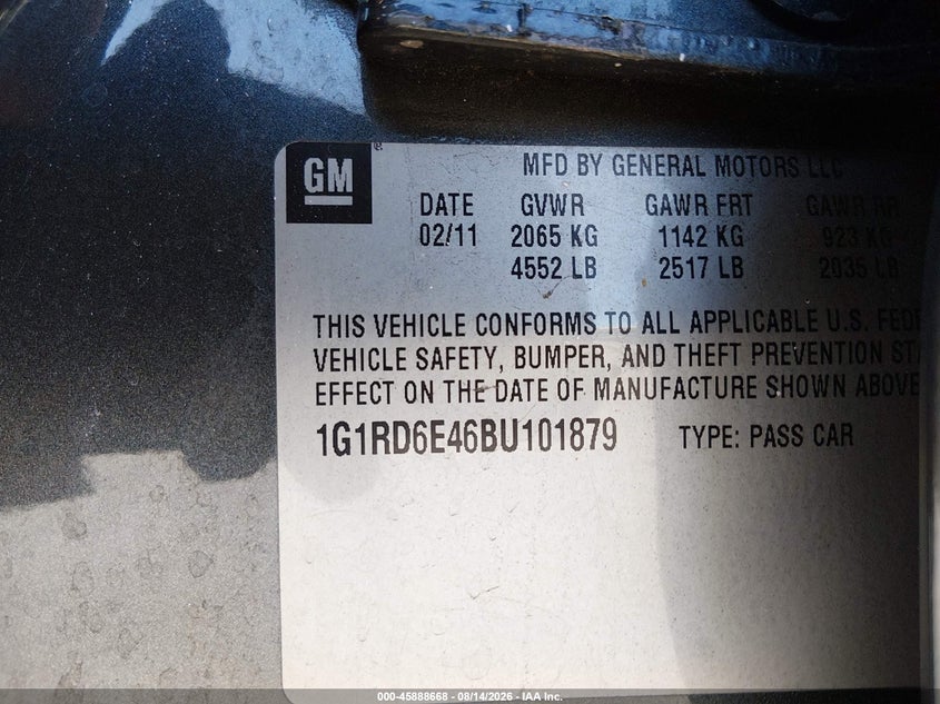 CHEVROLET VOLT 2011 VIN 1G1RD6E46BU101879