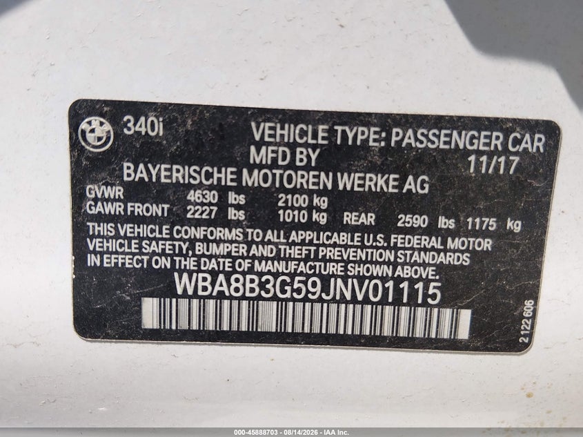 BMW 340I 2018 VIN WBA8B3G59JNV01115