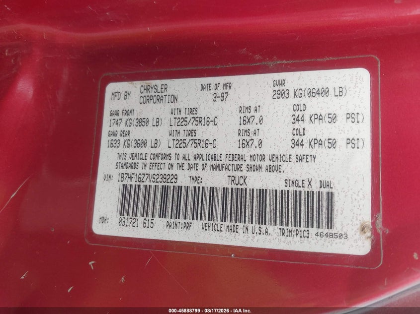 DODGE RAM 1500 1997 VIN 1B7HF16Z7VS239229